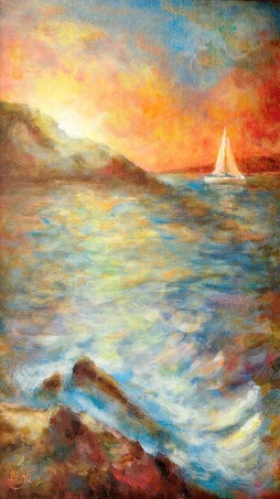 Original oil painting of a summer sunset over the sea